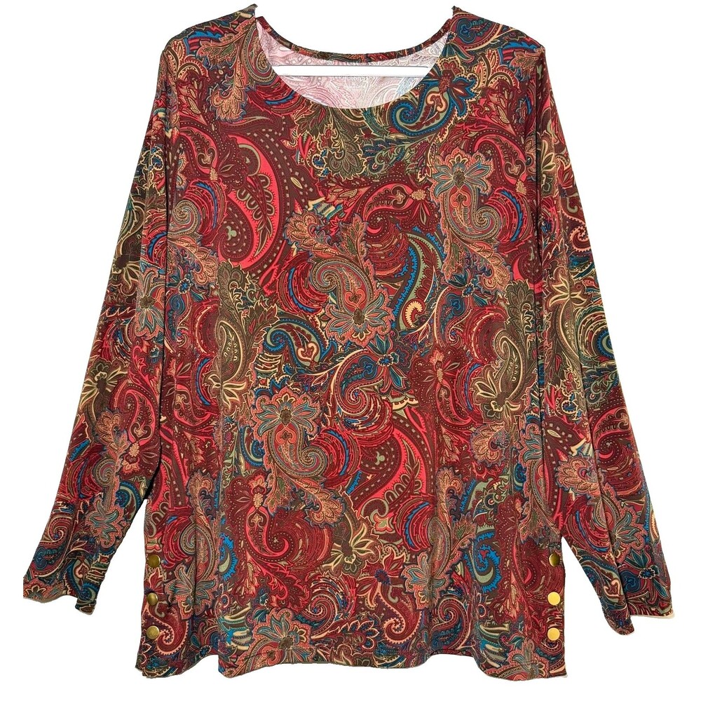 Appleseed’s Women’s XL Paisley Stretch Top Long Sleeve Gold Button Burgundy
